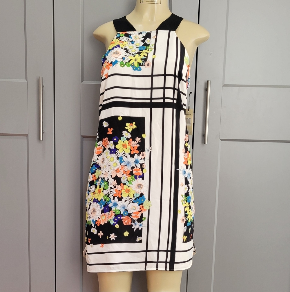 Ali Ra Floral Block Print Shift Dress in White & Black